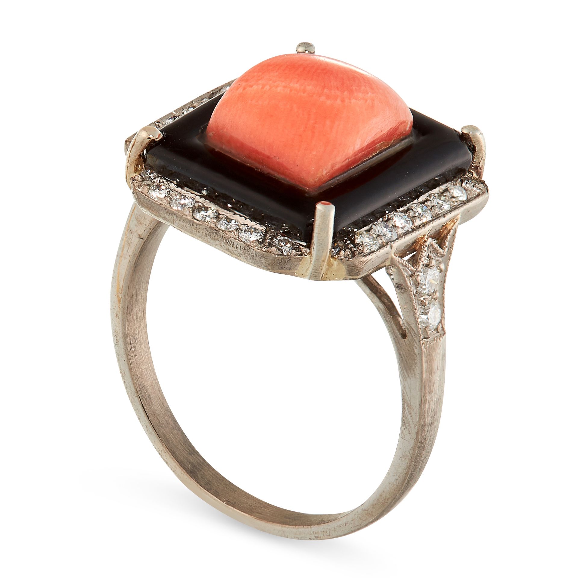 AN ART DECO CORAL, ONYX AND DIAMOND RING in 18ct white gold, set with a central cushion shaped coral - Image 2 of 2