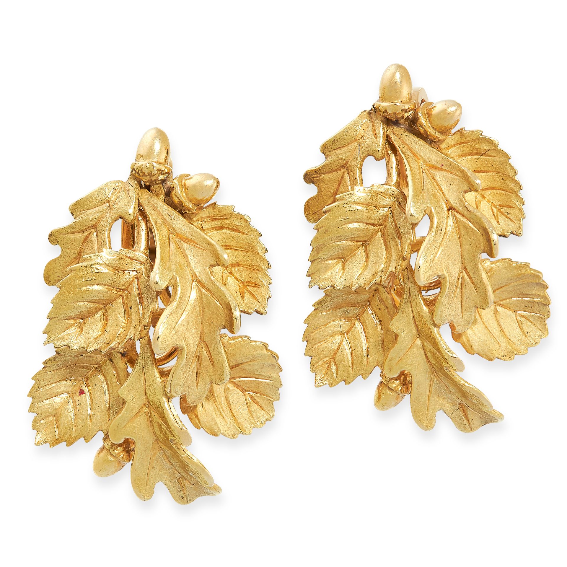 A PAIR OF VINTAGE EARRINGS, HERMES in 18ct yellow gold, each designed as a spray of oak leaves,