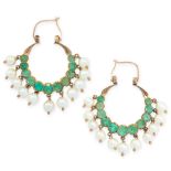 A PAIR OF EMERALD AND PEARL EARRINGS in yellow gold, each of hoop design, set with circular-cut