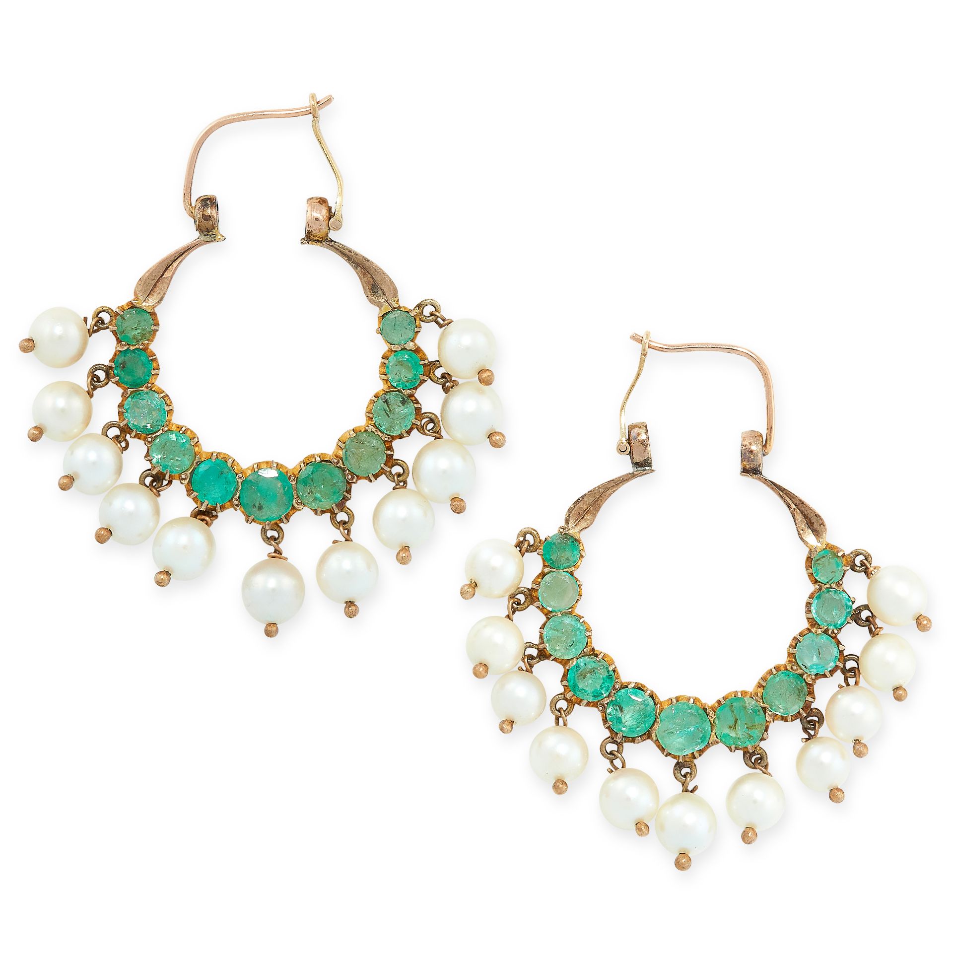 A PAIR OF EMERALD AND PEARL EARRINGS in yellow gold, each of hoop design, set with circular-cut