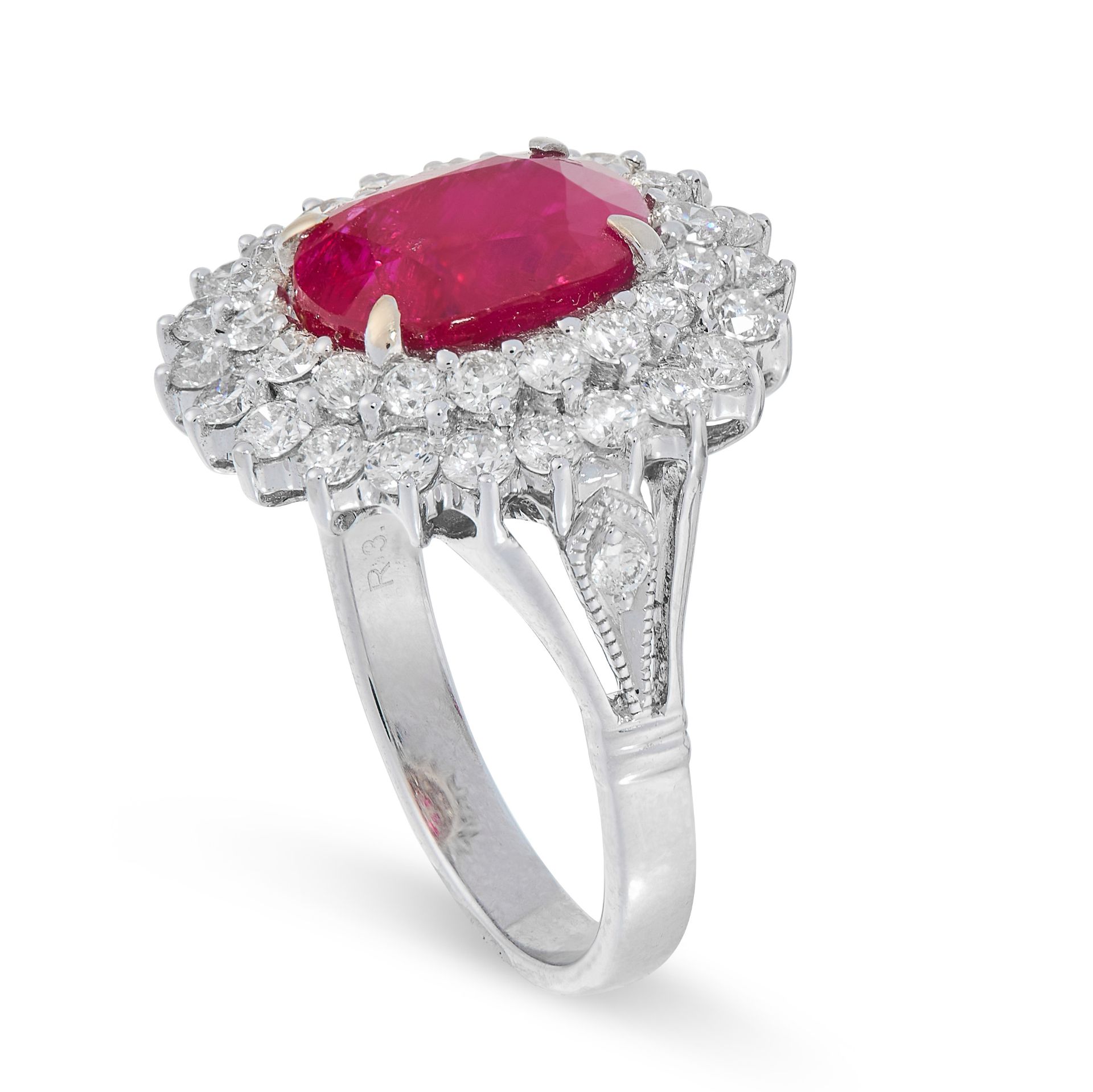 A BURMA NO HEAT RUBY AND DIAMOND RING in 18ct white gold, set with a central cushion cut ruby of 3. - Image 2 of 2