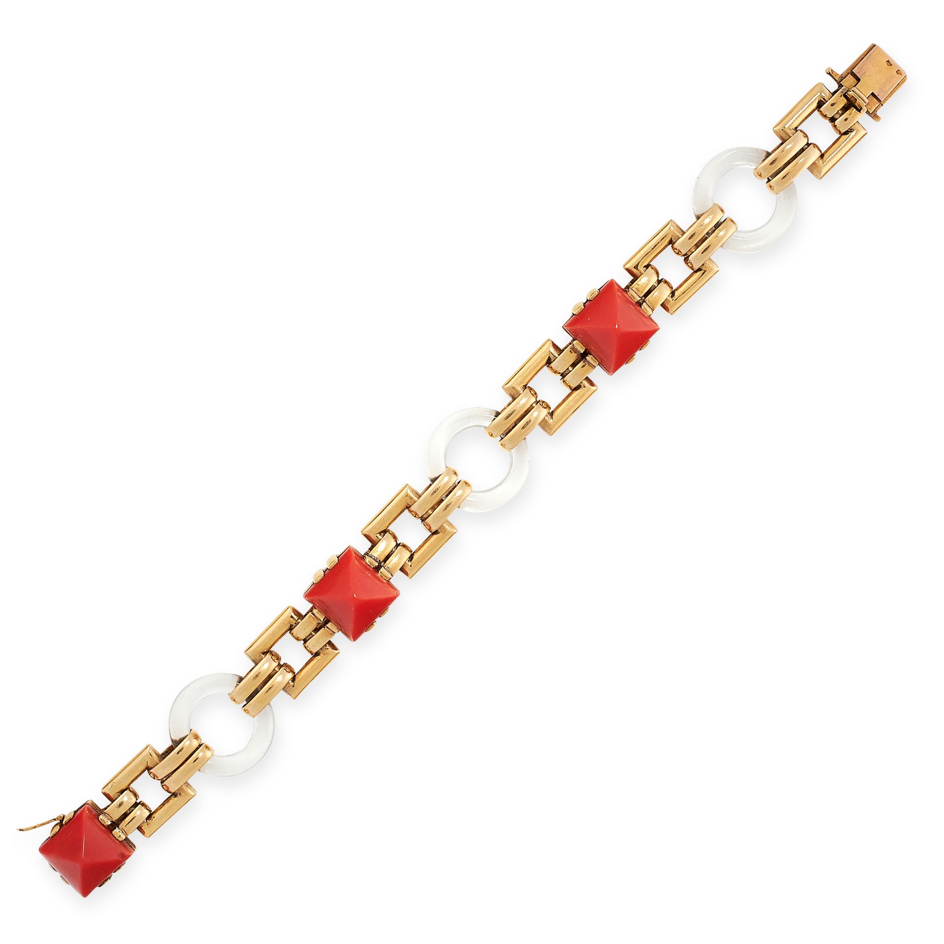 A CORAL AND ROCK CRYSTAL BRACELET, CARTIER CIRCA 1940 in 18ct yellow gold, comprising a series of