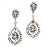 A PAIR OF ANTIQUE DIAMOND DROP EARRINGS, 19TH CENTURY in yellow gold and silver, each comprising a