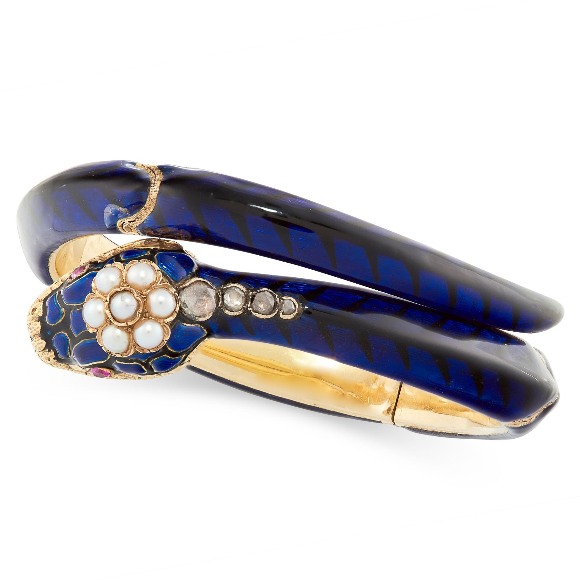 AN ANTIQUE PEARL, RUBY, DIAMOND AND ENAMEL SNAKE BANGLE, 19TH CENTURY in high carat yellow gold, - Image 2 of 2