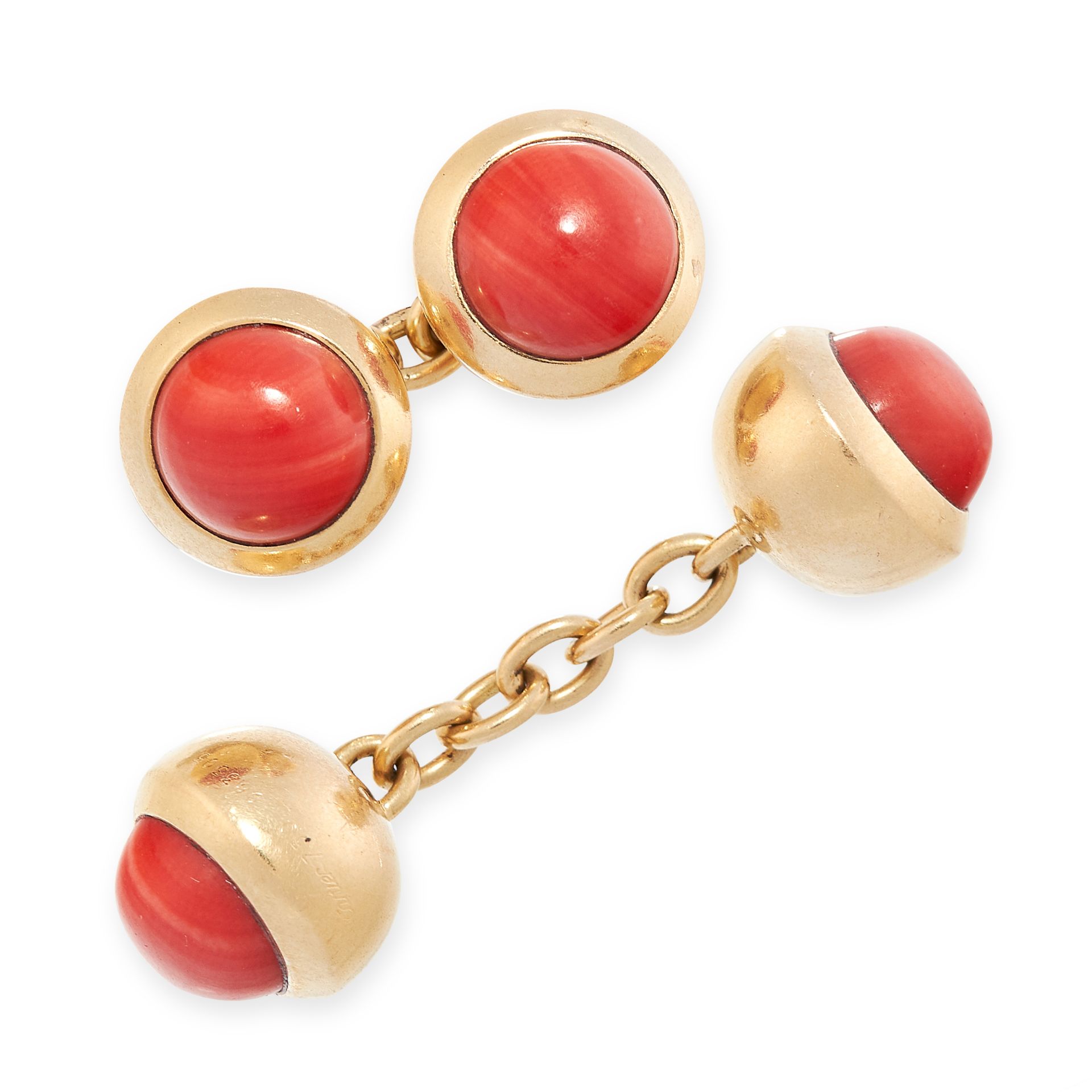 A PAIR OF CORAL CUFFLINKS, CARTIER 1990 in 18ct yellow gold, each formed of two circular links set