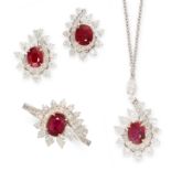 A BURMA NO HEAT RUBY AND DIAMOND RING, EARRINGS AND PENDANT SUITE in 18ct white gold, each set