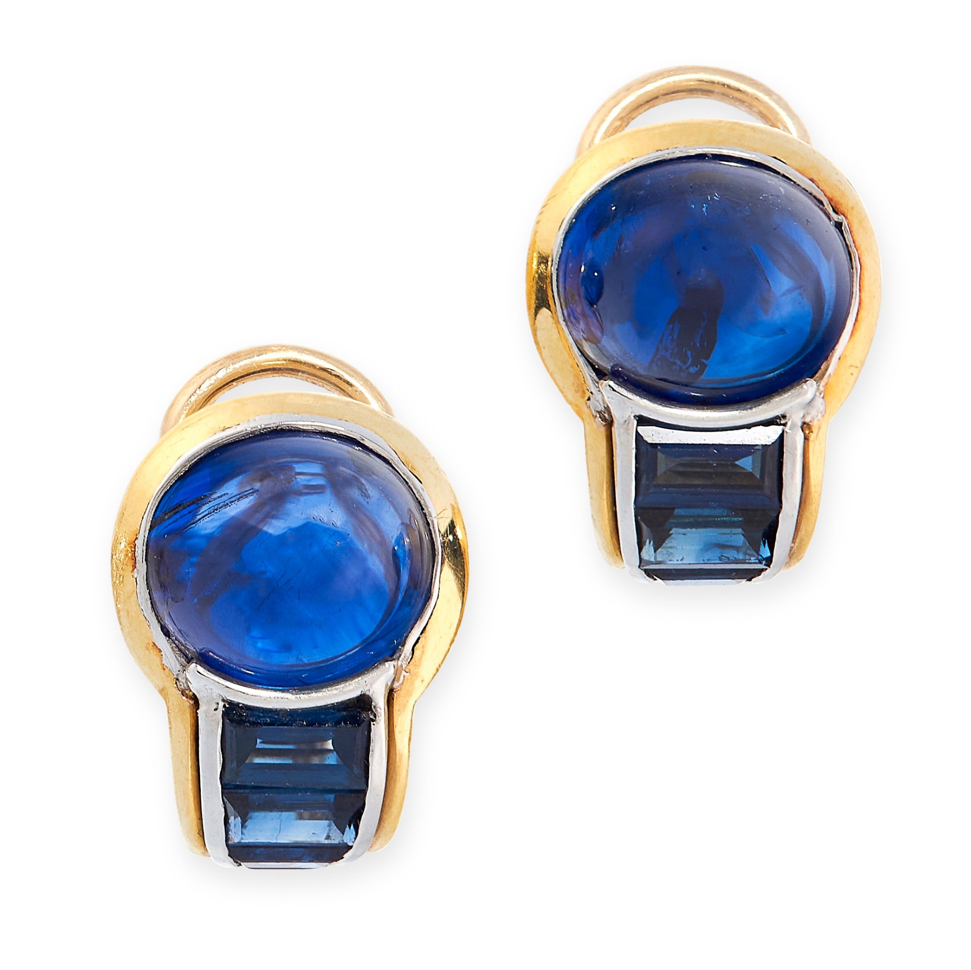 A PAIR OF SAPPHIRE CLIP EARRINGS, HEMMERLE in 18ct yellow gold and platinum, each set with a