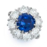 A CEYLON NO HEAT SAPPHIRE AND DIAMOND RING in 18ct white gold, set with a cushion cut blue