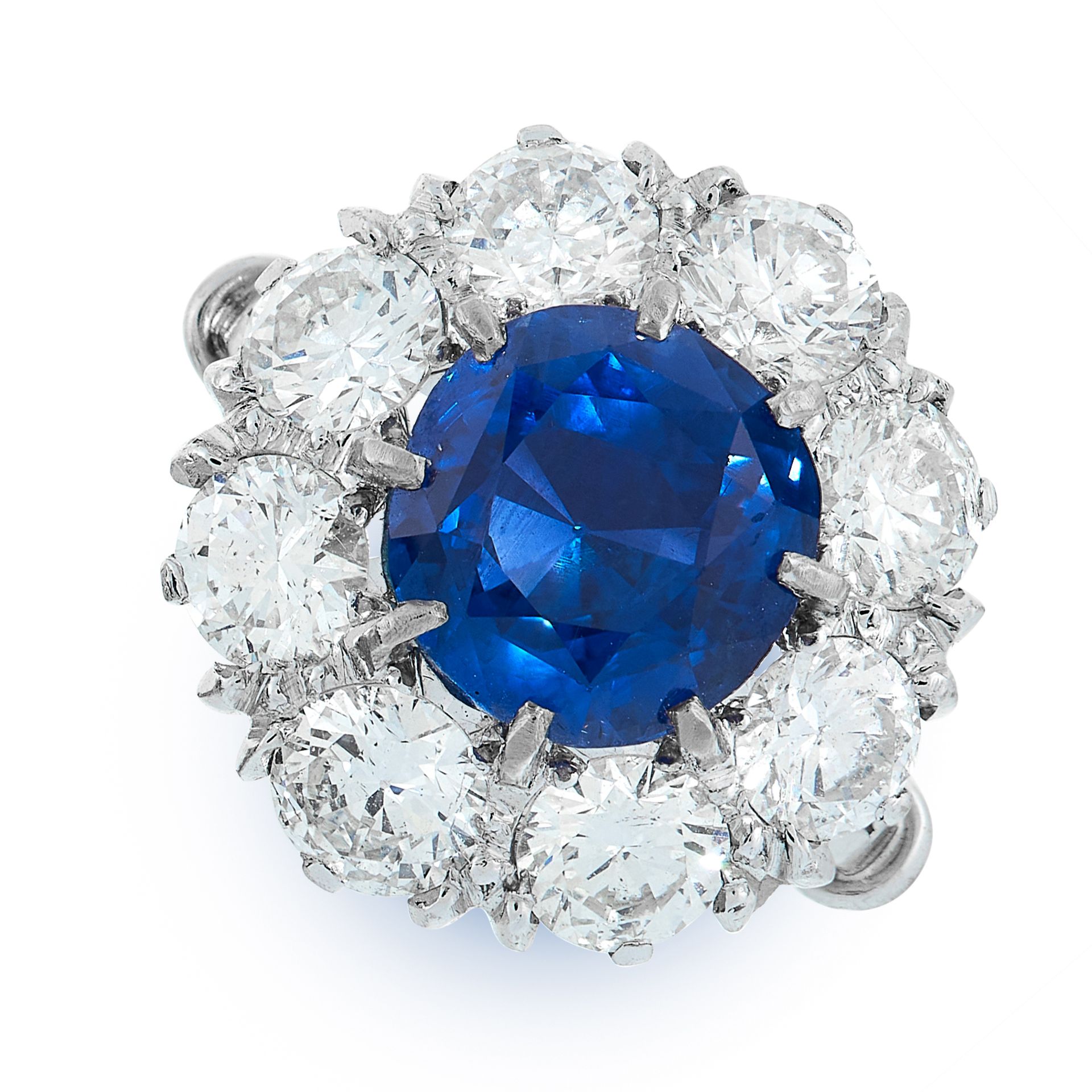 A CEYLON NO HEAT SAPPHIRE AND DIAMOND RING in 18ct white gold, set with a cushion cut blue