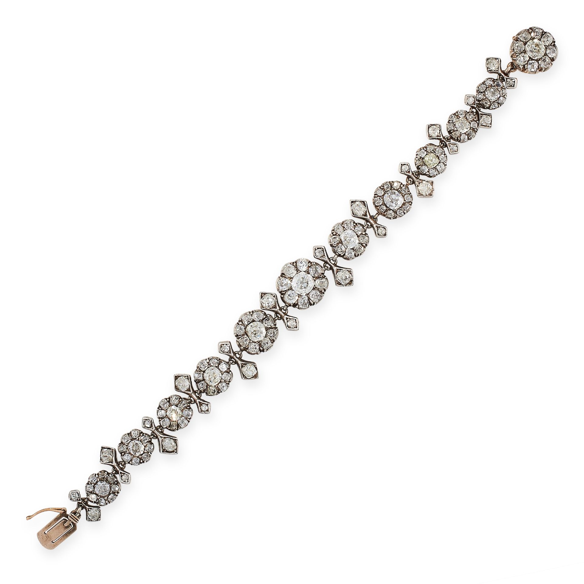 AN ANTIQUE DIAMOND BRACELET, 19TH CENTURY in yellow gold and silver, comprising a single row of