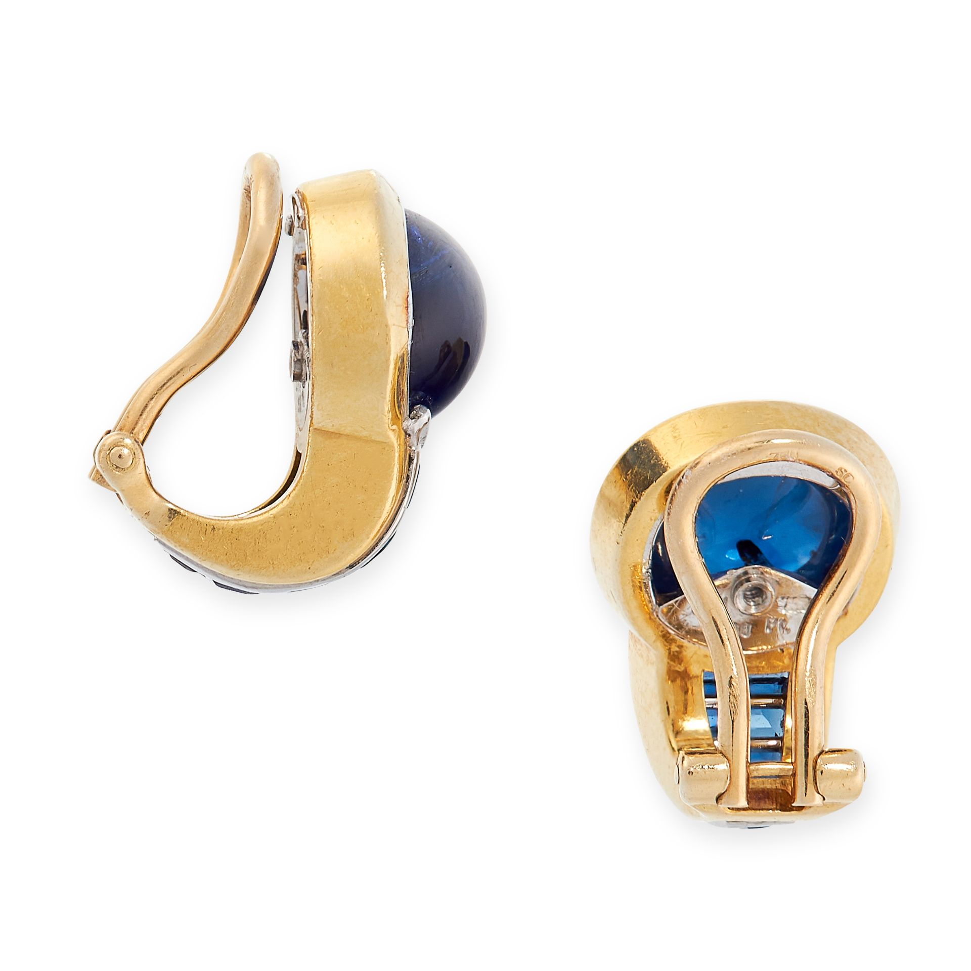 A PAIR OF SAPPHIRE CLIP EARRINGS, HEMMERLE in 18ct yellow gold and platinum, each set with a - Image 2 of 2