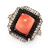 AN ART DECO CORAL, ONYX AND DIAMOND RING in 18ct white gold, set with a central cushion shaped coral