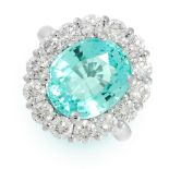 A PARAIBA TOURMALINE AND DIAMOND RING in platinum, set with a cushion cut paraiba tourmaline of 6.45