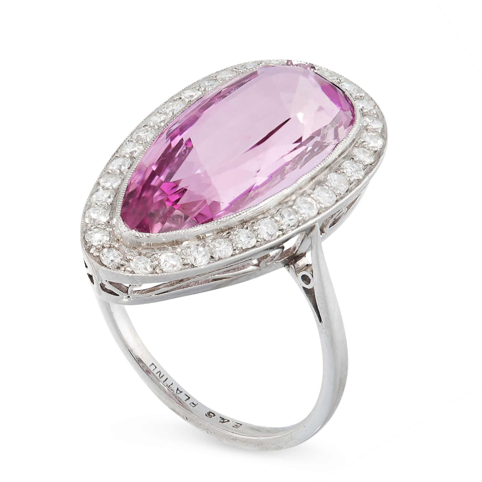 A PINK TOPAZ AND DIAMOND RING in platinum, set with a pear cut pink topaz of 7.11 carats, within a - Image 2 of 2