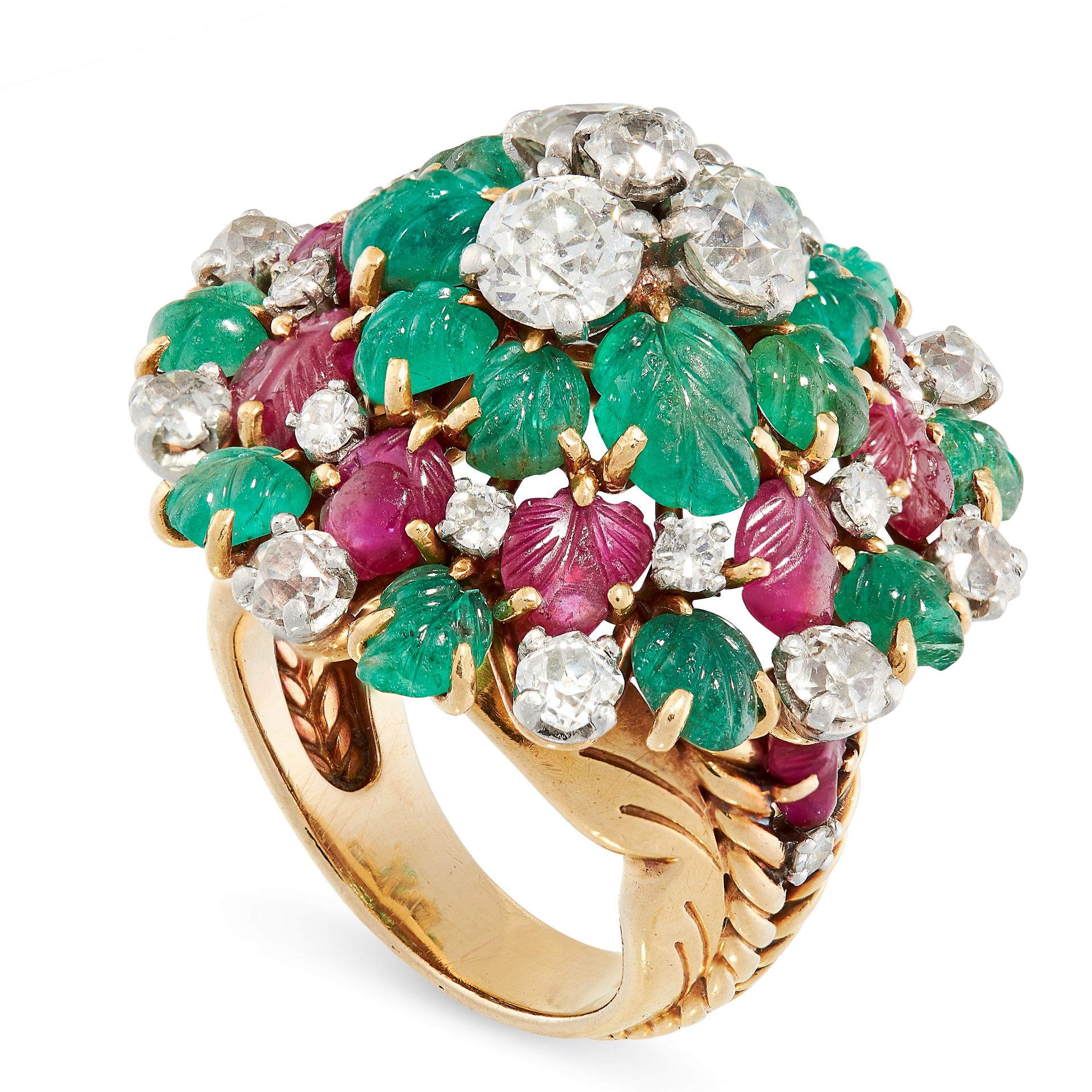 AN EMERALD, RUBY AND DIAMOND TUTTI FRUTTI COCKTAIL RING, CIRCA 1945 in 18ct yellow gold and - Image 2 of 2