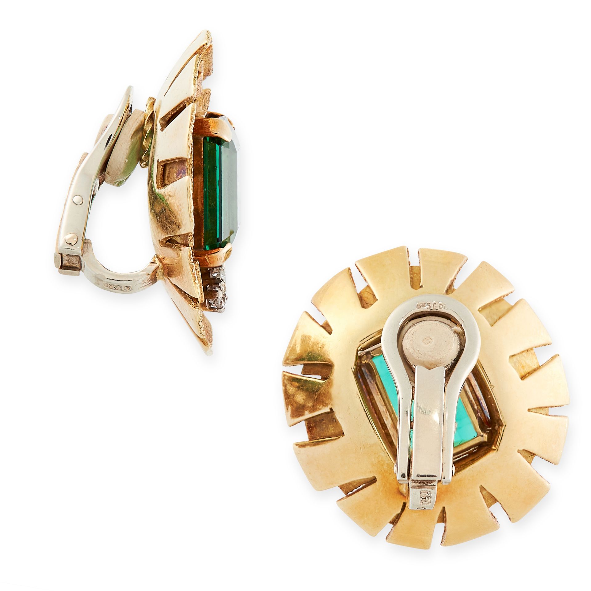 A PAIR OF VINTAGE GREEN TOURMALINE AND DIAMOND CLIP EARRINGS, ANDREW GRIMA 1970s in 18ct yellow - Image 2 of 3
