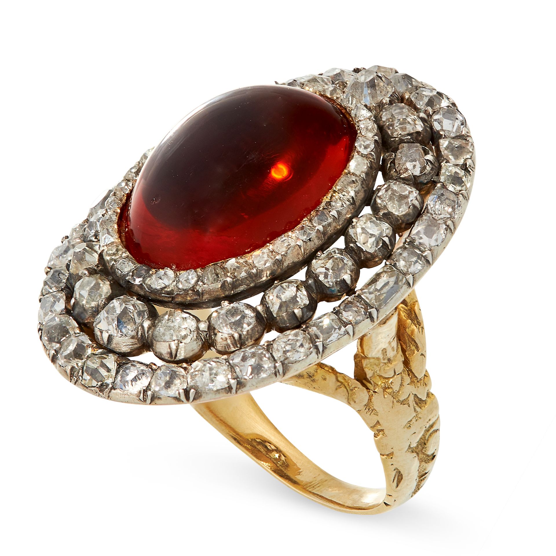 AN ANTIQUE GARNET AND DIAMOND RING in yellow gold and silver, set with an oval cabochon garnet - Image 2 of 3