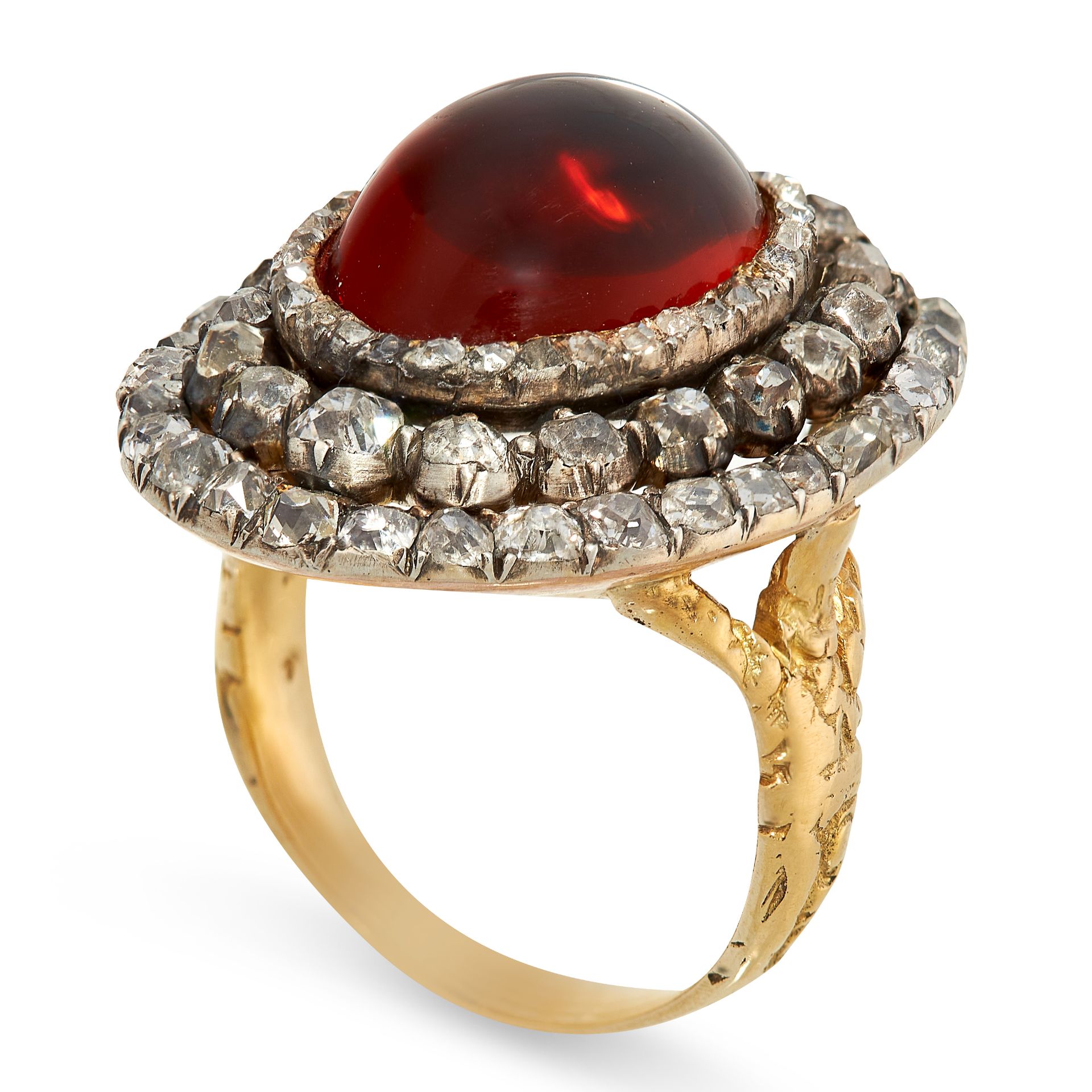 AN ANTIQUE GARNET AND DIAMOND RING in yellow gold and silver, set with an oval cabochon garnet - Image 3 of 3