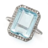 ART DECO AQUAMARINE AND DIAMOND RING formed of an emerald cut aquamarine of 4.82 carats in a