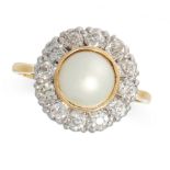 PEARL AND DIAMOND CLUSTER RING comprising of a pearl of 7.6mm in a border of old cut diamonds