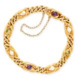 ANTIQUE PEARL, AMETHYST AND PERIDOT SUFFRAGETTE BRACELET in yellow gold, designed as a series of