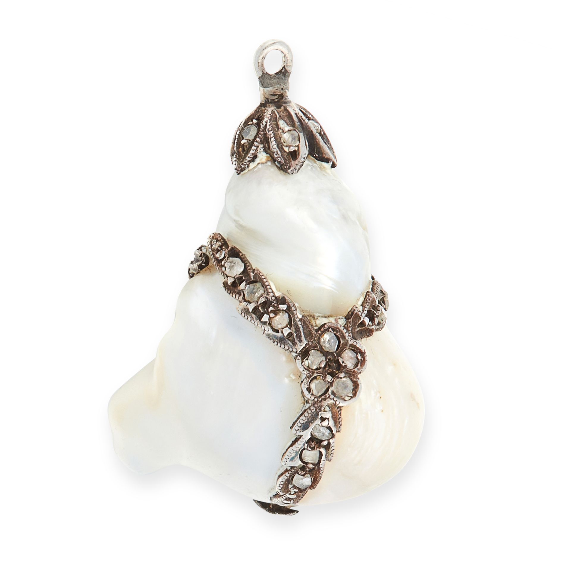 NATURAL PEARL AND DIAMOND PENDANT in silver, formed of a trio of blister pearls set together