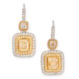 PAIR OF YELLOW AND WHITE DIAMOND DROP EARRINGS each set with an old cut diamond below a row of round