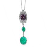 COLOMBIAN EMERALD, AMETHYST AND DIAMOND PENDANT AND CHAIN the body set with a cushion cut amethyst
