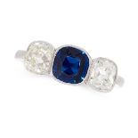 SAPPHIRE AND DIAMOND THREE STONE RING comprising of a cushion cut sapphire of 1.07 carats between