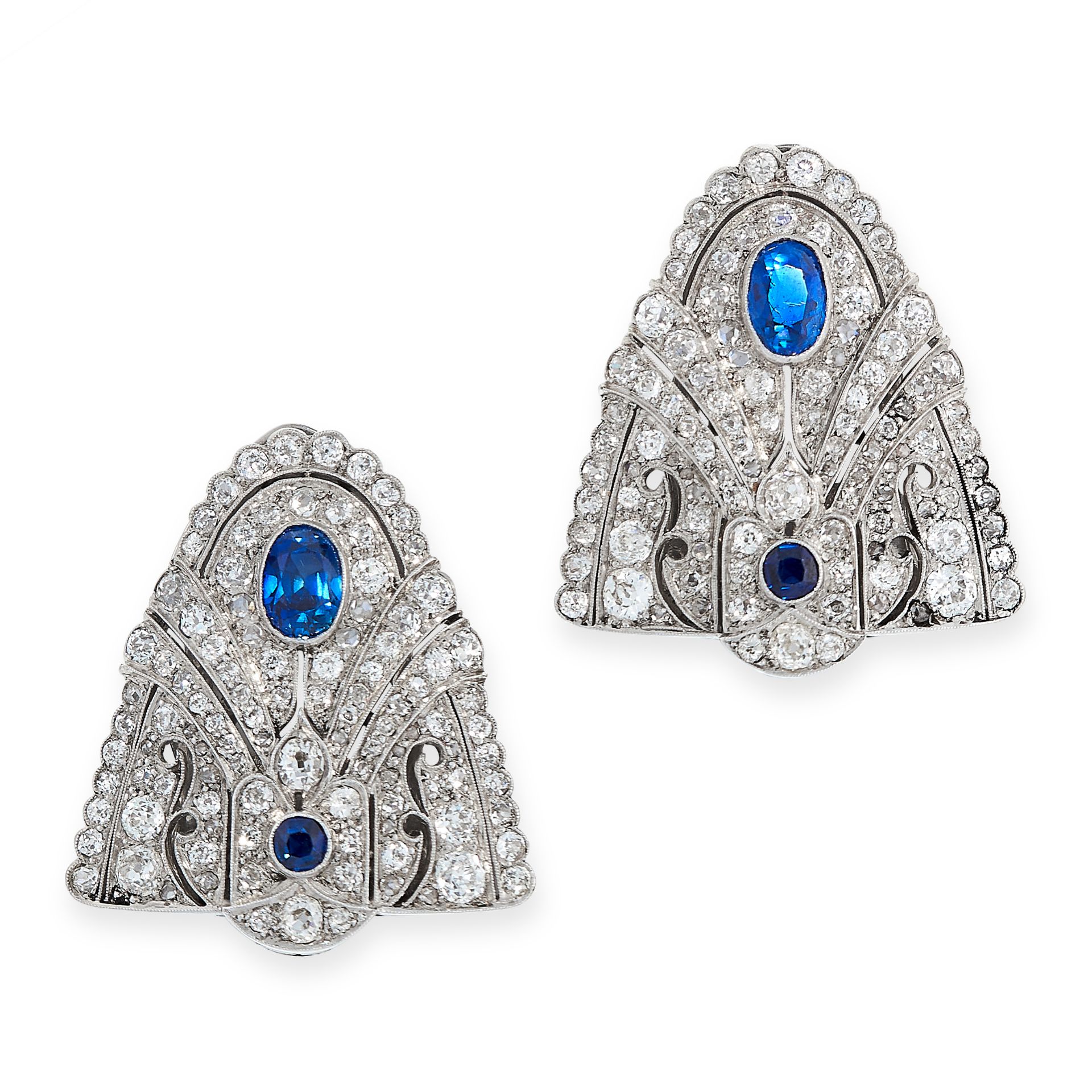 PAIR OF ART DECO BURMA NO HEAT SAPPHIRE AND DIAMOND CLIP BROOCHES each of shield shaped design,