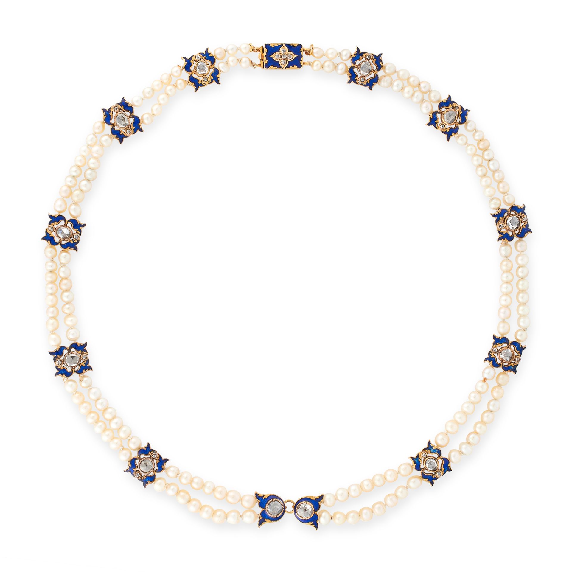 ANTIQUE NATURAL PEARL, ENAMEL AND DIAMOND NECKLACE, LATE 19TH CENTURY designed as a double row of