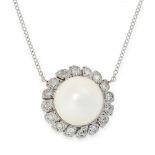 PEARL AND DIAMOND PENDANT NECKLACE the body set with a pearl of 9.8mm, within a border of single cut
