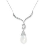 PEARL AND DIAMOND PENDANT NECKLACE the stylised body set with round cut diamonds, suspending a