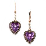 PAIR OF ANTIQUE AMETHYST, DIAMOND AND PEARL SWEETHEART EARRINGS each set with two pearls