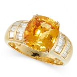YELLOW SAPPHIRE AND DIAMOND RING set with a cushion cut yellow sapphire of 5.19 carats and rows of
