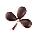 ANTIQUE VICTORIAN GARNET, PEARL AND DIAMOND CLOVER BROOCH in yellow gold, in the form of a three