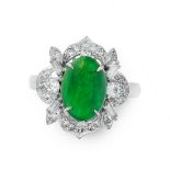 NATURAL JADEITE JADE AND DIAMOND RING set with an oval cabochon jadeite of 1.05 carats, within a