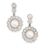 PAIR OF PEARL AND DIAMOND EARRINGS each formed of two round cut diamonds above a pearl of 5.1mm in a