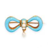 ANTIQUE VICTORIAN ENAMEL AND PEARL BOW BROOCH in yellow gold, in the form of a bow set with three