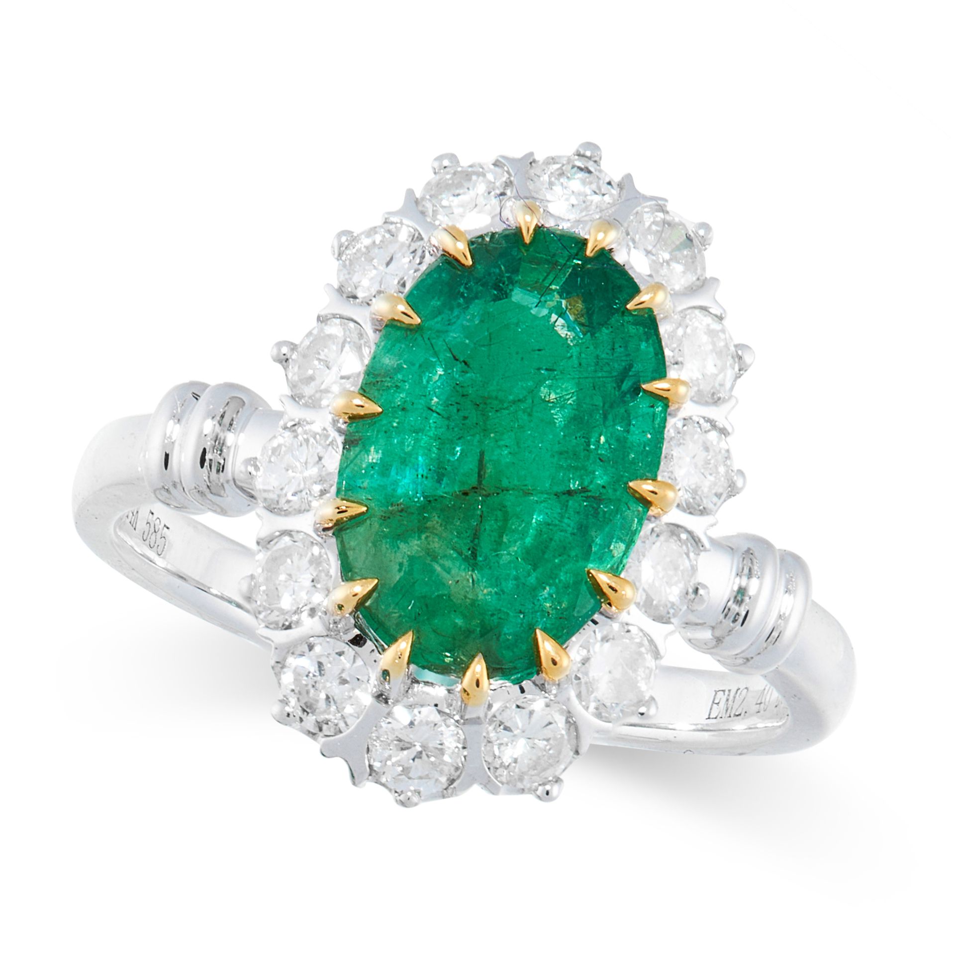 EMERALD AND DIAMOND RING claw set with a central oval cut emerald of 2.40 carats, within a border of