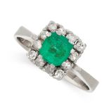 EMERALD AND DIAMOND RING in cluster design, set with an emerald cut emerald of 0.91 carats in a