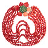 CORAL, EMERALD AND DIAMOND NECKLACE, BAROCCHINI designed as six rows of spherical coral beads