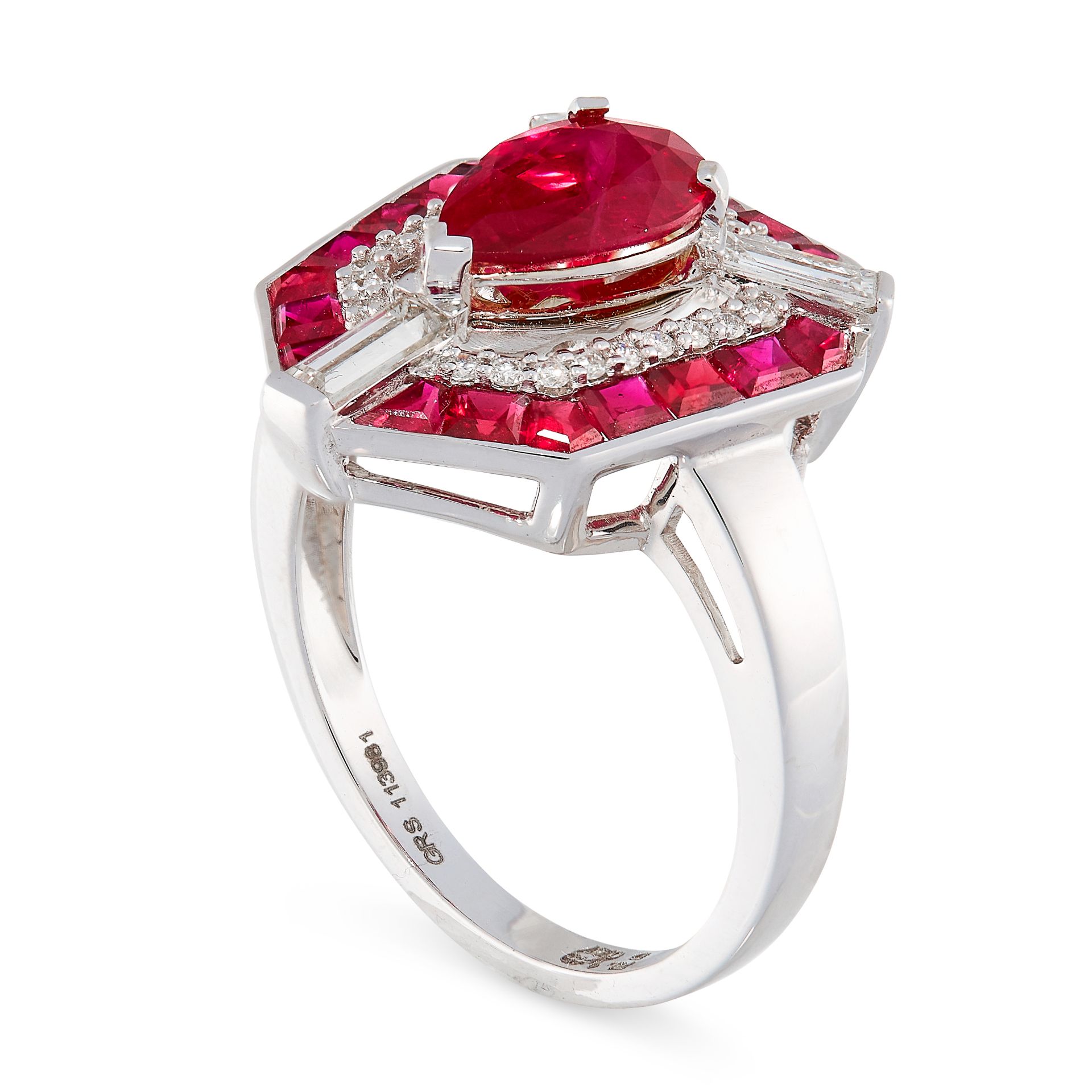 UNHEATED RUBY AND DIAMOND RING set with a pear cut ruby of 1.40 carats in a border of round cut - Bild 2 aus 2
