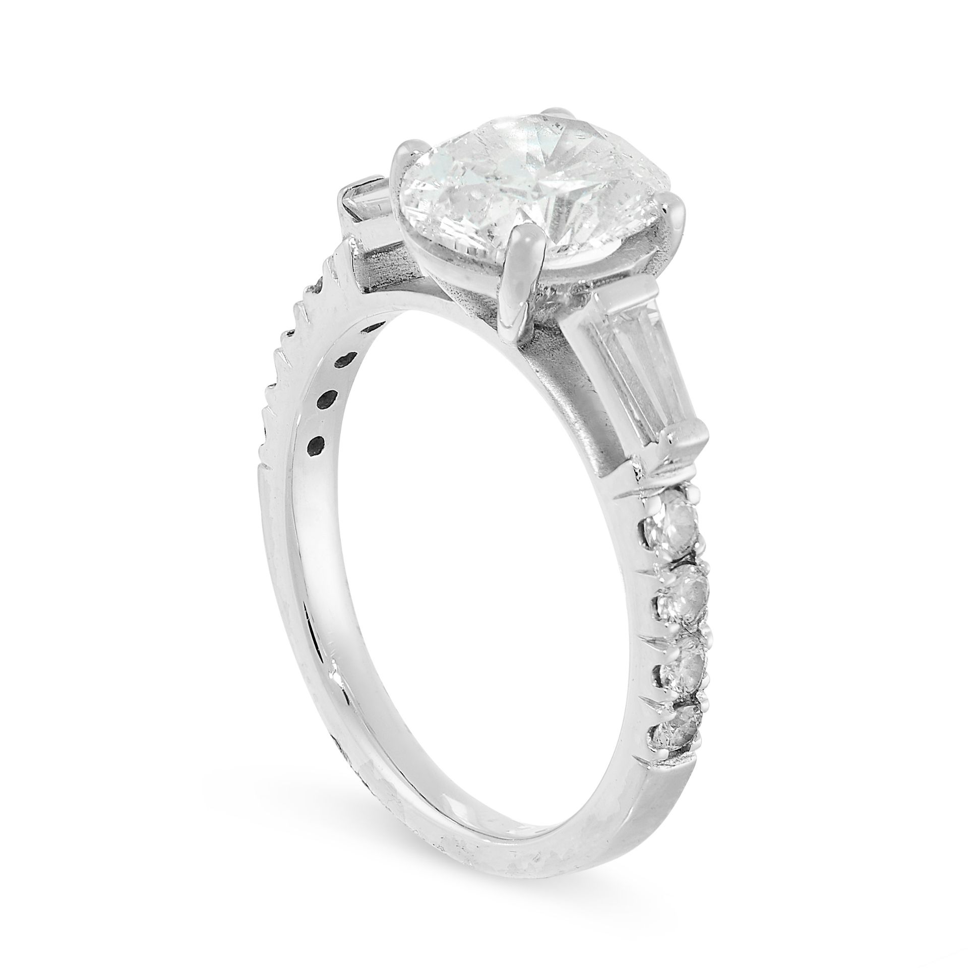 DIAMOND ENGAGEMENT RING in platinum, set with an oval cut diamond of 1.50 carats between two tapered - Bild 2 aus 2