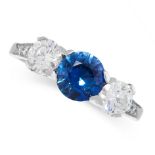 SAPPHIRE AND DIAMOND THREE STONE RING comprising of a round cut sapphire of 0.92 carats between