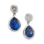 PAIR OF CEYLON NO HEAT SAPPHIRE AND DIAMOND EARRINGS in drop design, each set with an old cut
