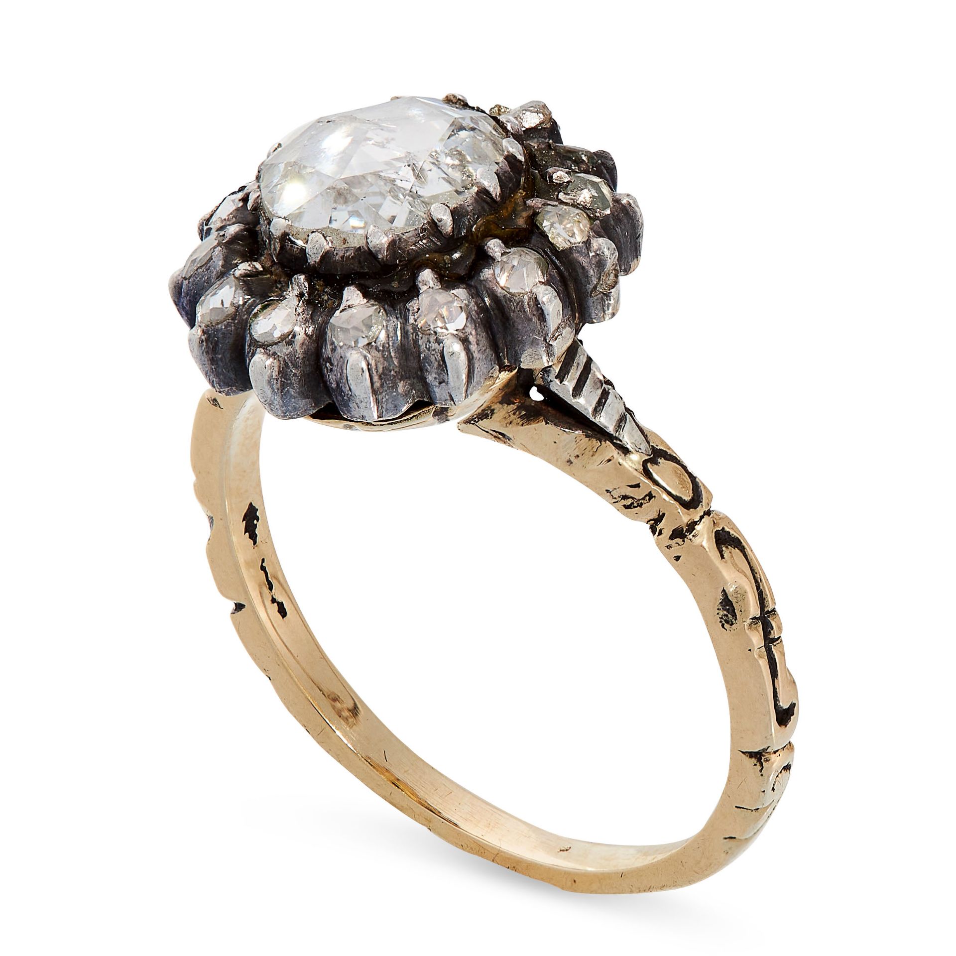 ANTIQUE DIAMOND RING in yellow gold and silver, set with a rose cut diamond of 7.3mm in a border - Bild 2 aus 2