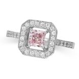 NATURAL FANCY PINK DIAMOND CLUSTER RING set with a radiant cut fancy pink diamond of 0.54 carats