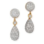 PAIR OF DIAMOND DROP EARRINGS in 18ct yellow gold, each formed of a jewelled drop set allover with