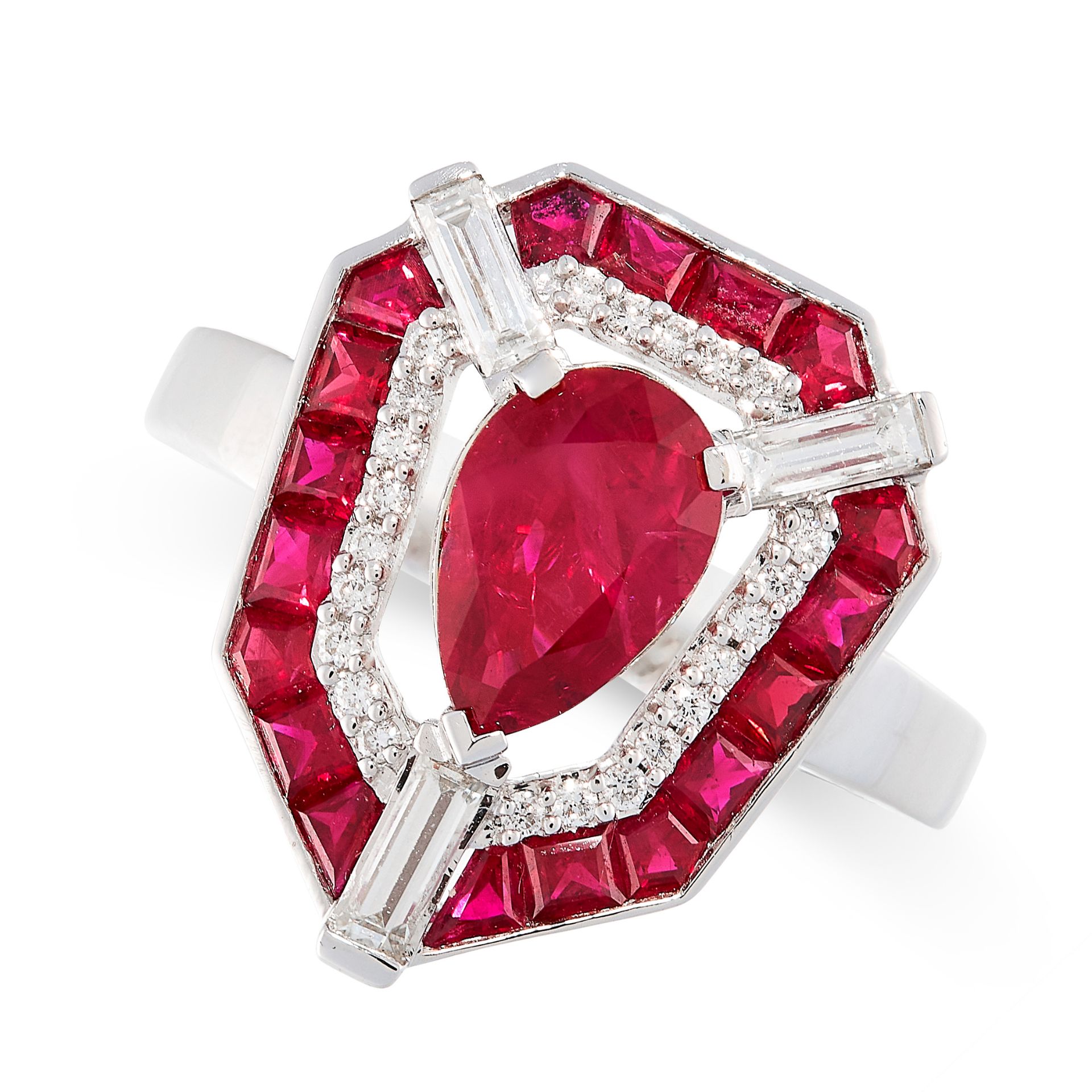 UNHEATED RUBY AND DIAMOND RING set with a pear cut ruby of 1.40 carats in a border of round cut